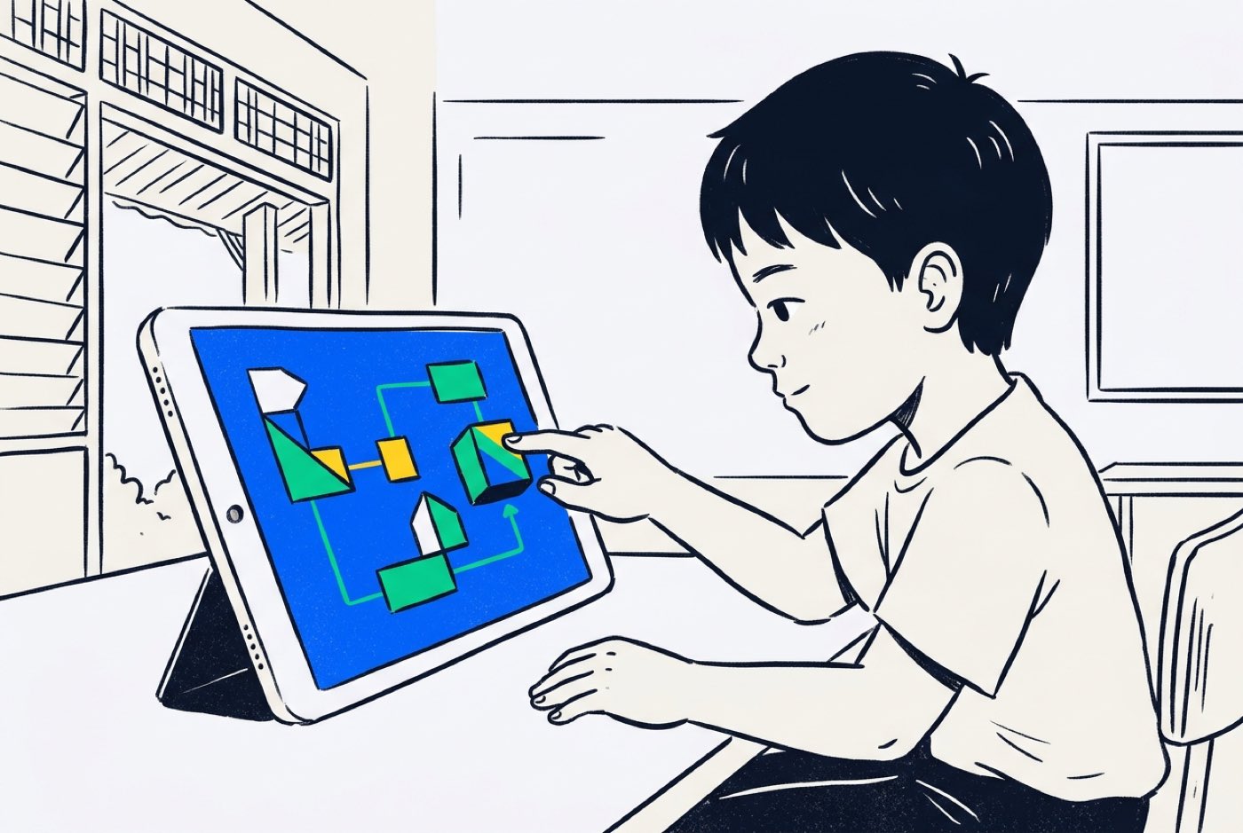 A child working on a colourful spatial block puzzle on a tablet screen, showing visual logic flow without dense text