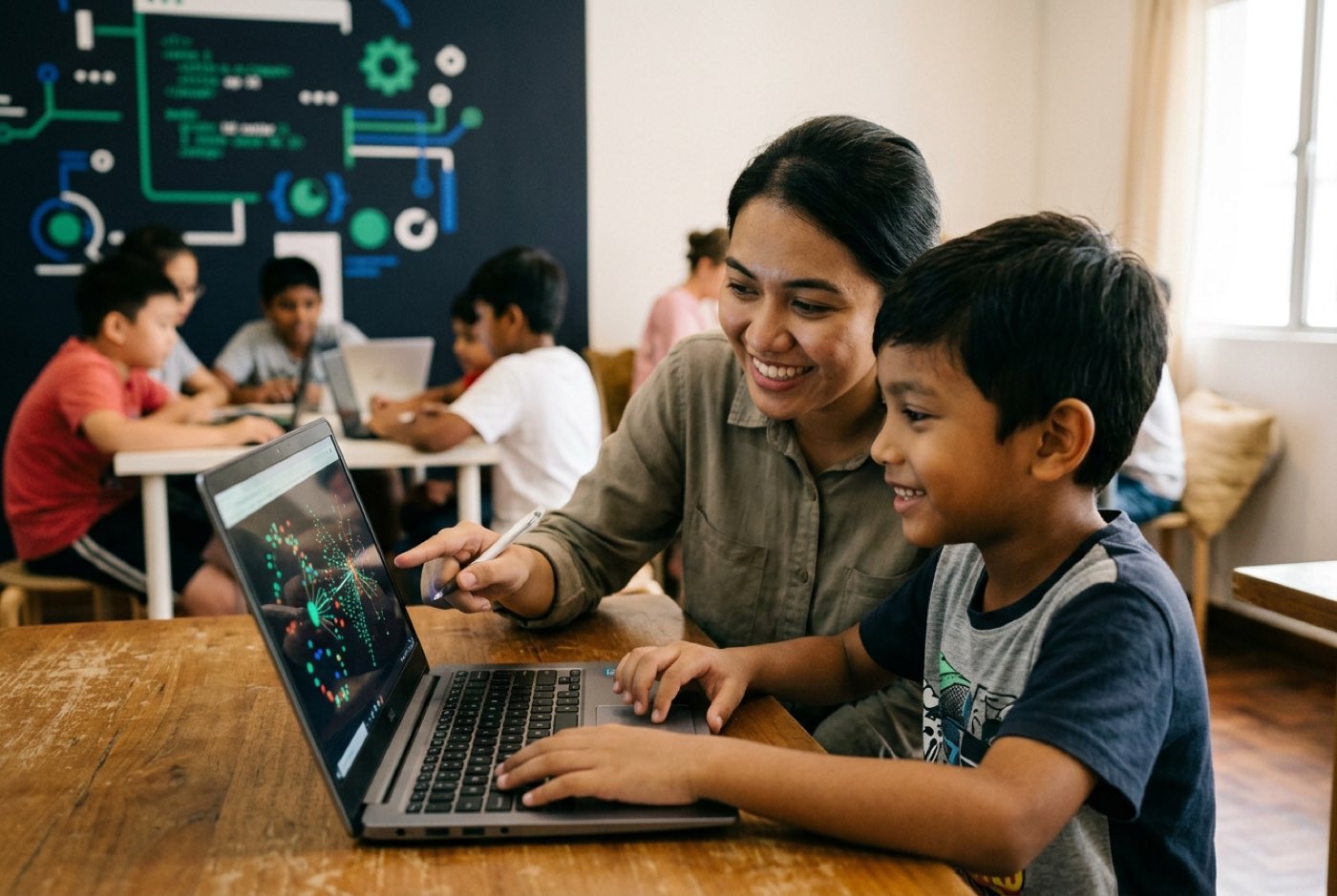 A child and mentor sitting together reviewing code output on a laptop screen, mentor pointing smilingly at an interac...