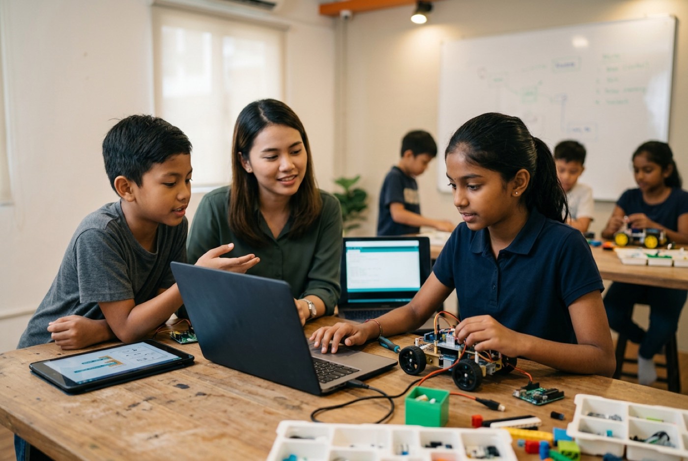 A small group of young students around a shared studio desk with a mentor, engaged in a hands-on robotics and coding ...
