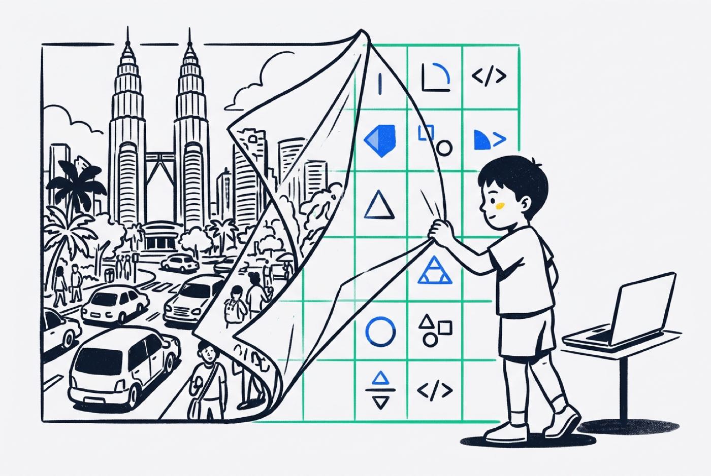 Conceptual illustration showing a child taking a complex real-world scene and stripping away visual details to reveal...