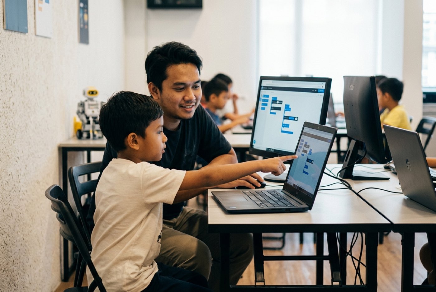 A bright physical classroom scene at Kidocode where a mentor guides a young student who is pointing at a self-designe...
