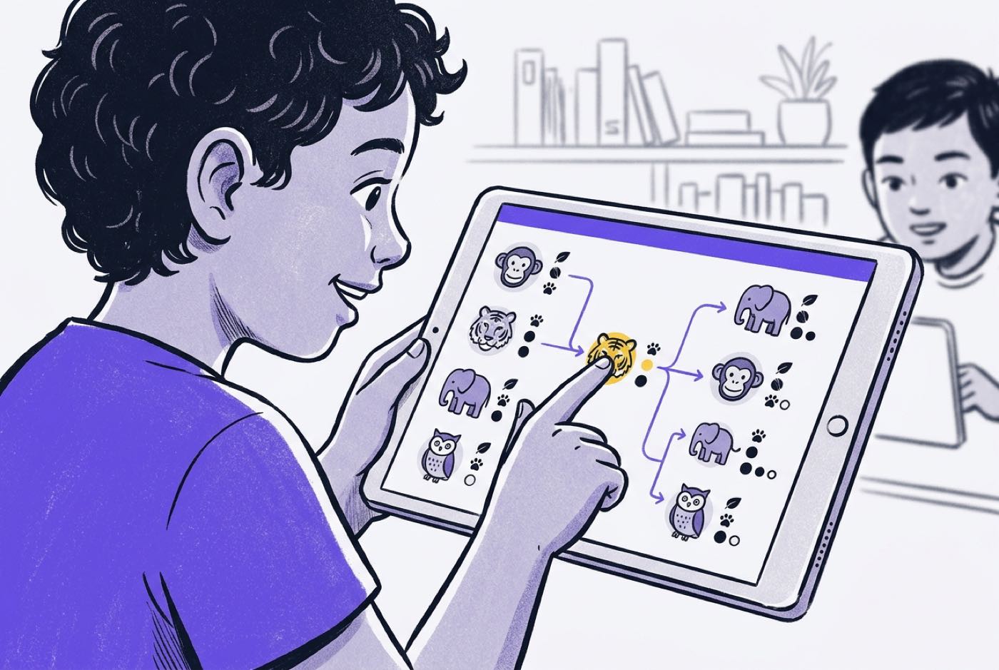 A child pointing at an interactive dataset of animal attributes on a tablet screen, showing how visual sorting connec...