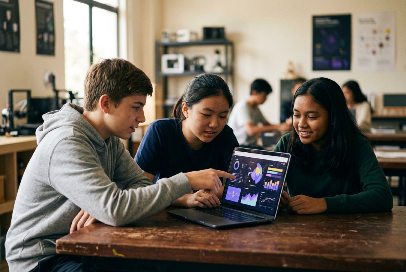 A group of secondary school students collaborating in a modern studio classroom, reviewing interactive data visualisa...