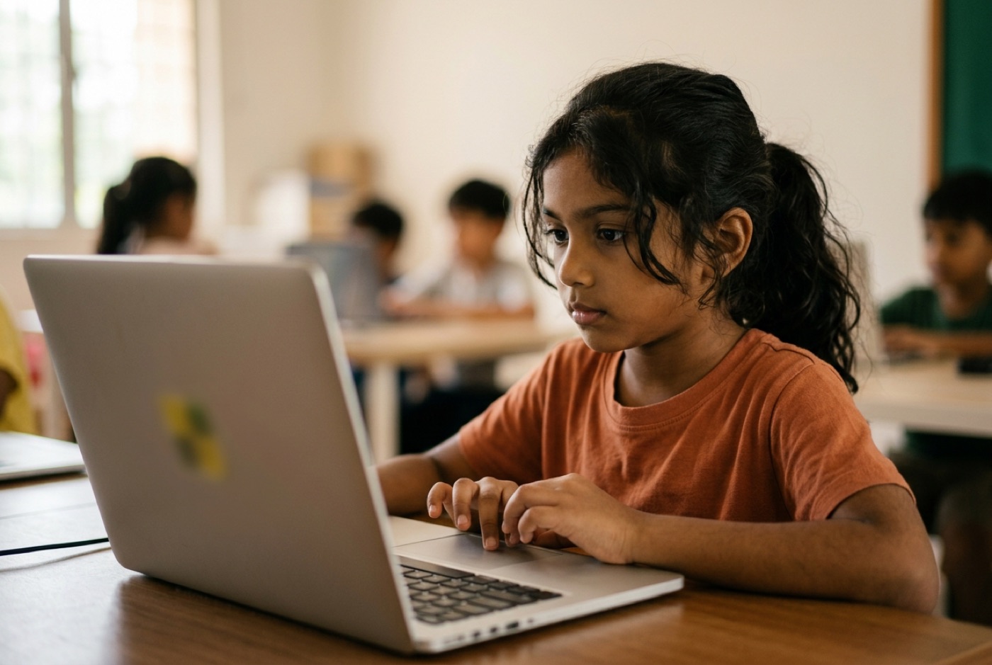A primary school child focused on a laptop screen while designing a 3D obstacle course game using visual block code, ...