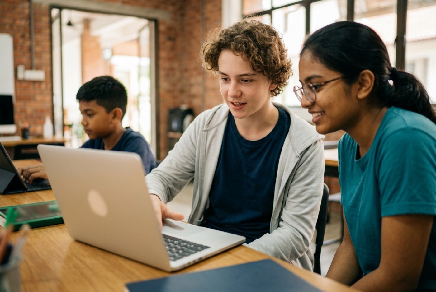 An older teenager presenting an interactive web application on a laptop to a mentor, demonstrating real code logic an...