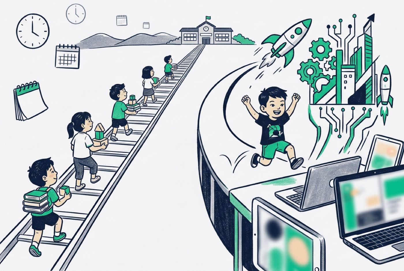 Conceptual illustration comparing a slow multi-year linear ladder with an AI-accelerated fast track where kids jump d...