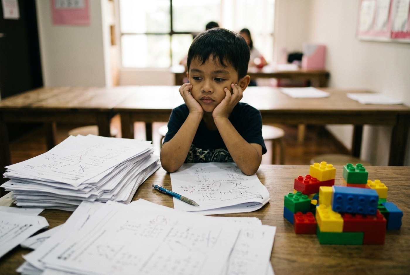 A young child sitting at a table looking overwhelmed by stacks of printed math worksheets while colorful building blo...