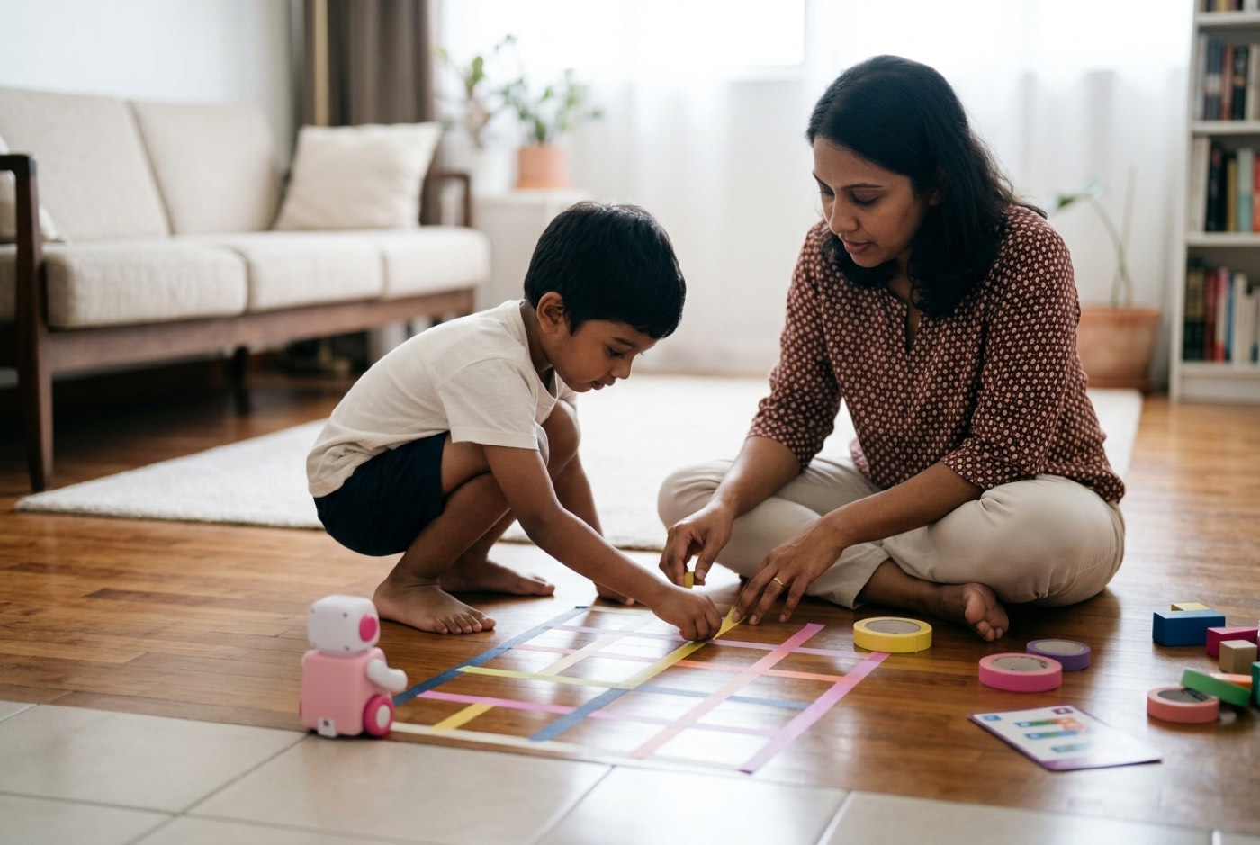 A parent and five-year-old child using colorful masking tape on a living room floor to create a step-by-step grid maz...