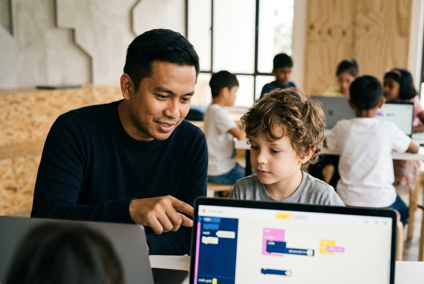 A trainer at Kidocode sitting beside a six-year-old child pointing at a colorful visual logic interface on a screen i...