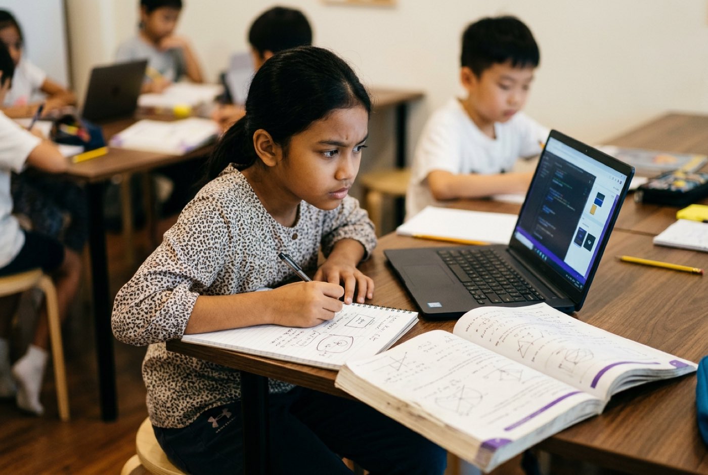 A young Malaysian student working on a laptop with notebooks spread out, comparing text on the screen with an open te...
