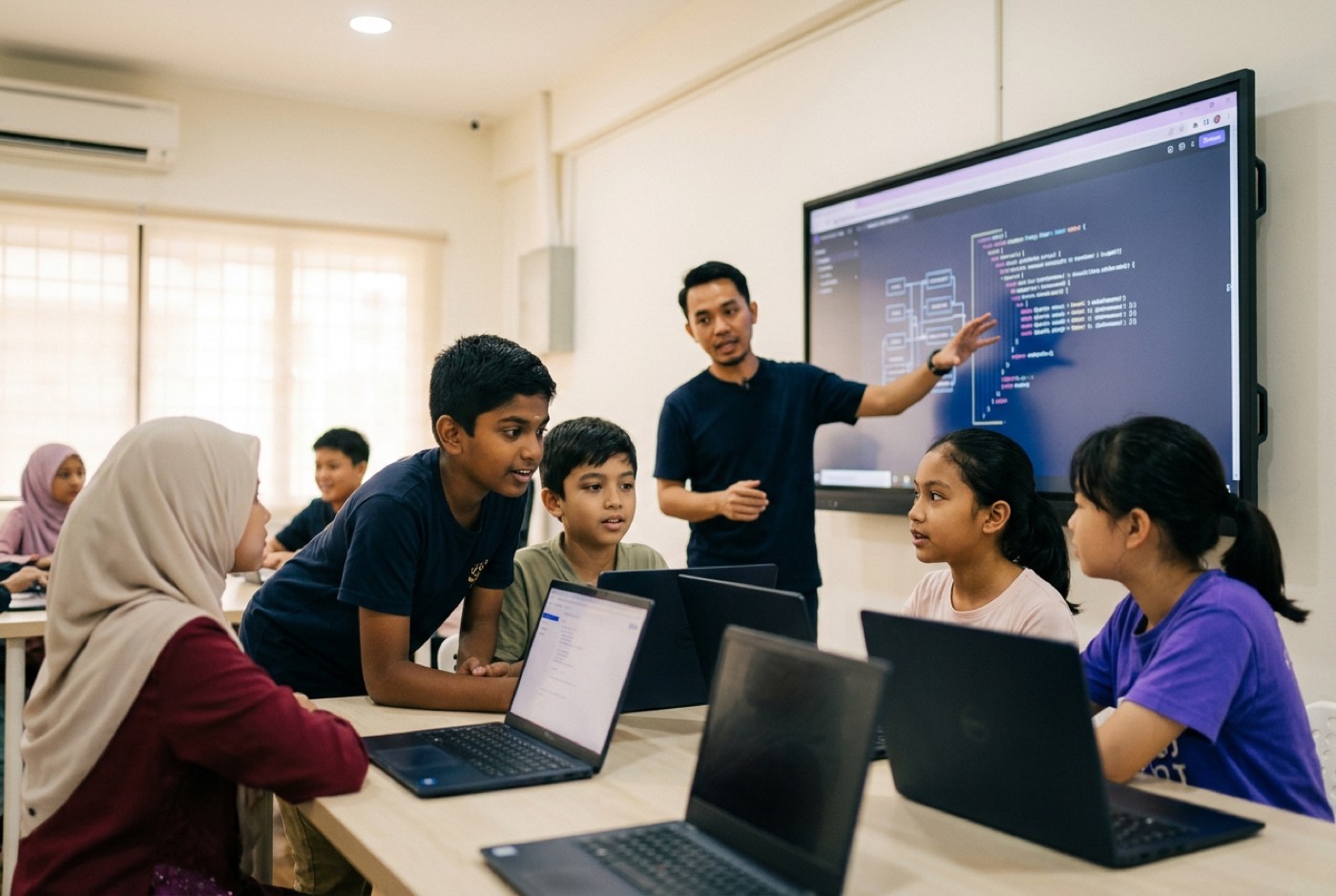 An instructor at Kidocode demonstrating code structure on a large display screen to a group of engaged students aged ...