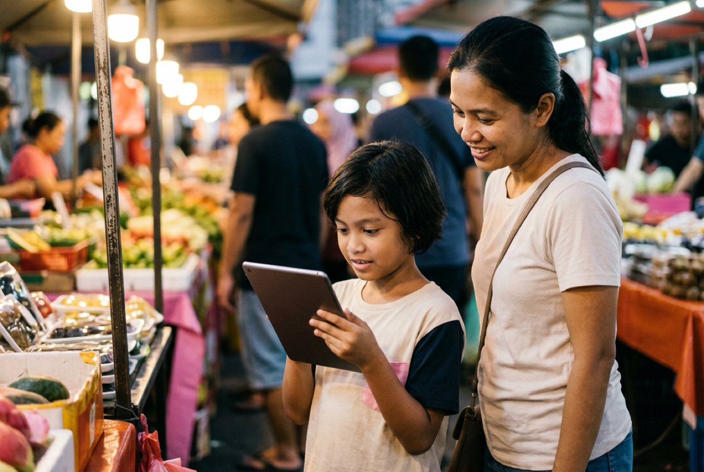 A primary school child using a tablet to calculate stall prices at a lively Malaysian night market while their parent...
