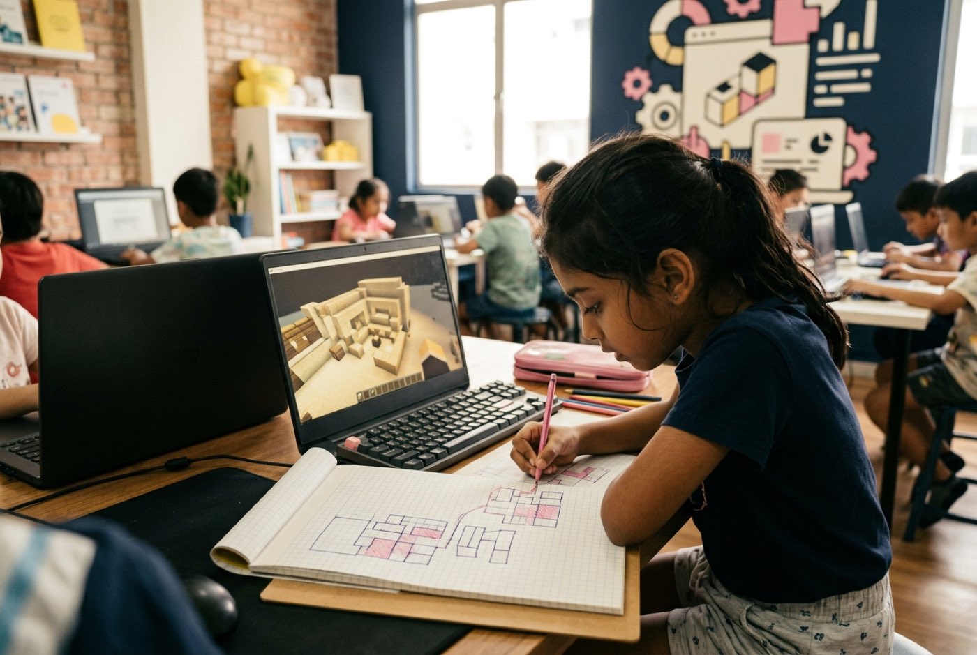 A child looking intently at a Minecraft screen while sketching a block floor plan on grid paper next to their keyboard