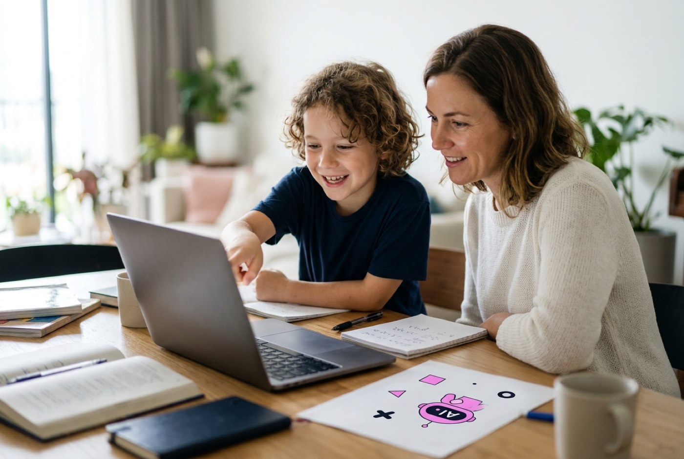 A child pointing happily at a laptop screen while reviewing an AI prompt response alongside their parent at a dining ...