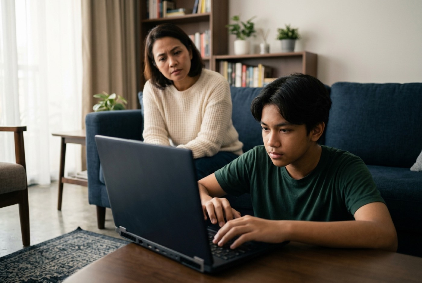 A concerned parent sitting on a couch watching their teenager play a video game on a laptop in a modern living room