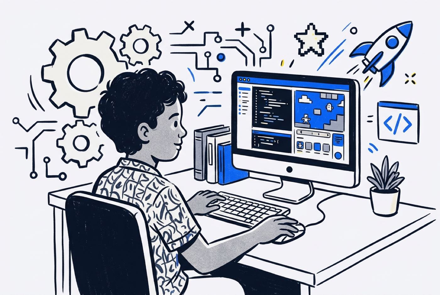 A child sitting at a bright desk learning to write Python code on a monitor with game design software visible on screen