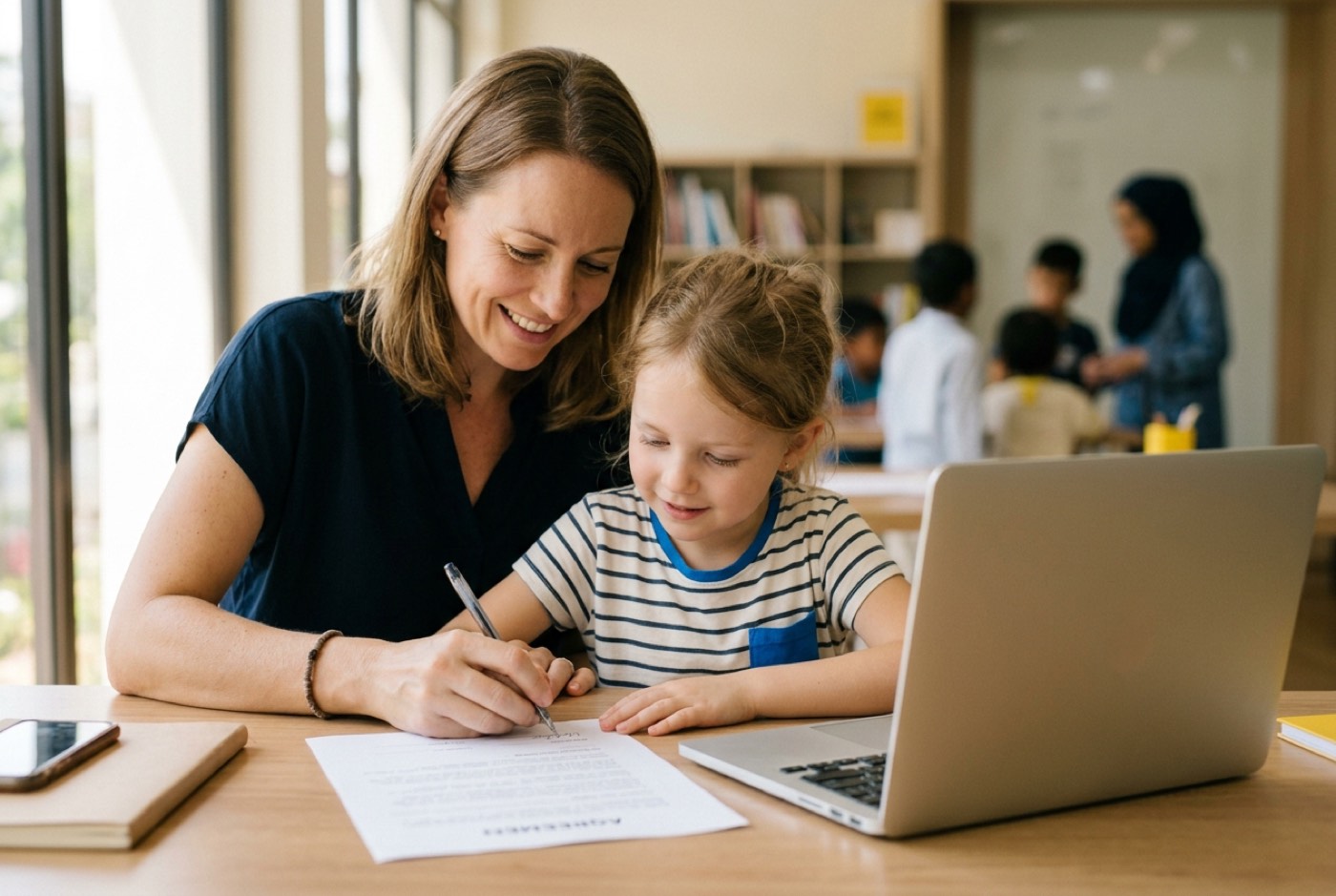 A parent and a young child signing a printed agreement together at a clean wooden desk with a laptop nearby
