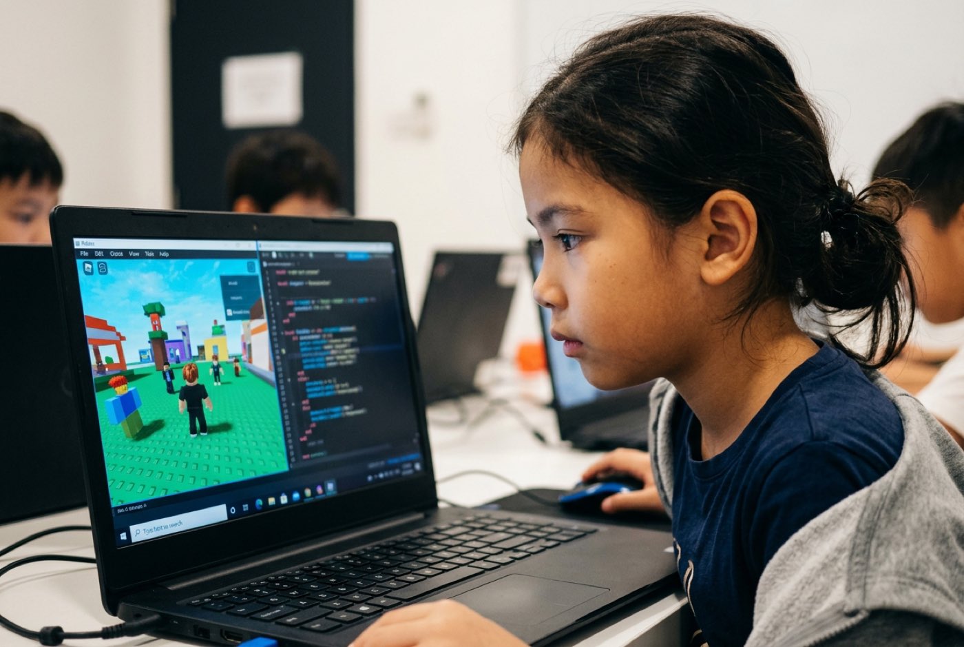 A child looking intently at a split screen showing a colorful 3D Roblox environment alongside a code editor filled wi...