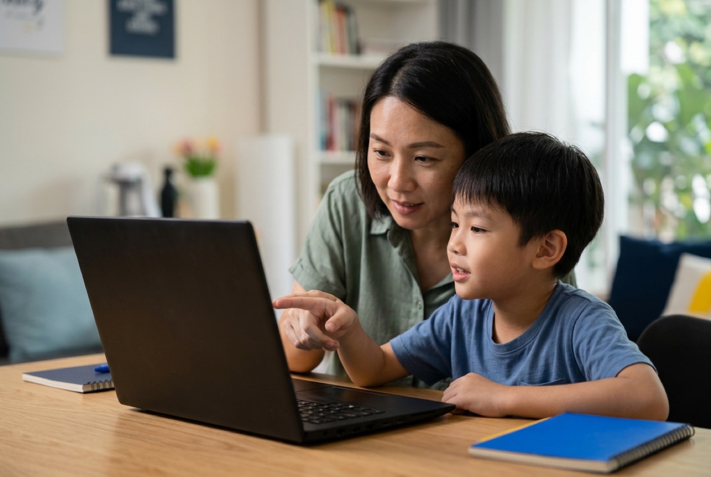 A parent and child sitting together at a computer desk discussing digital safety while reviewing a Roblox account set...