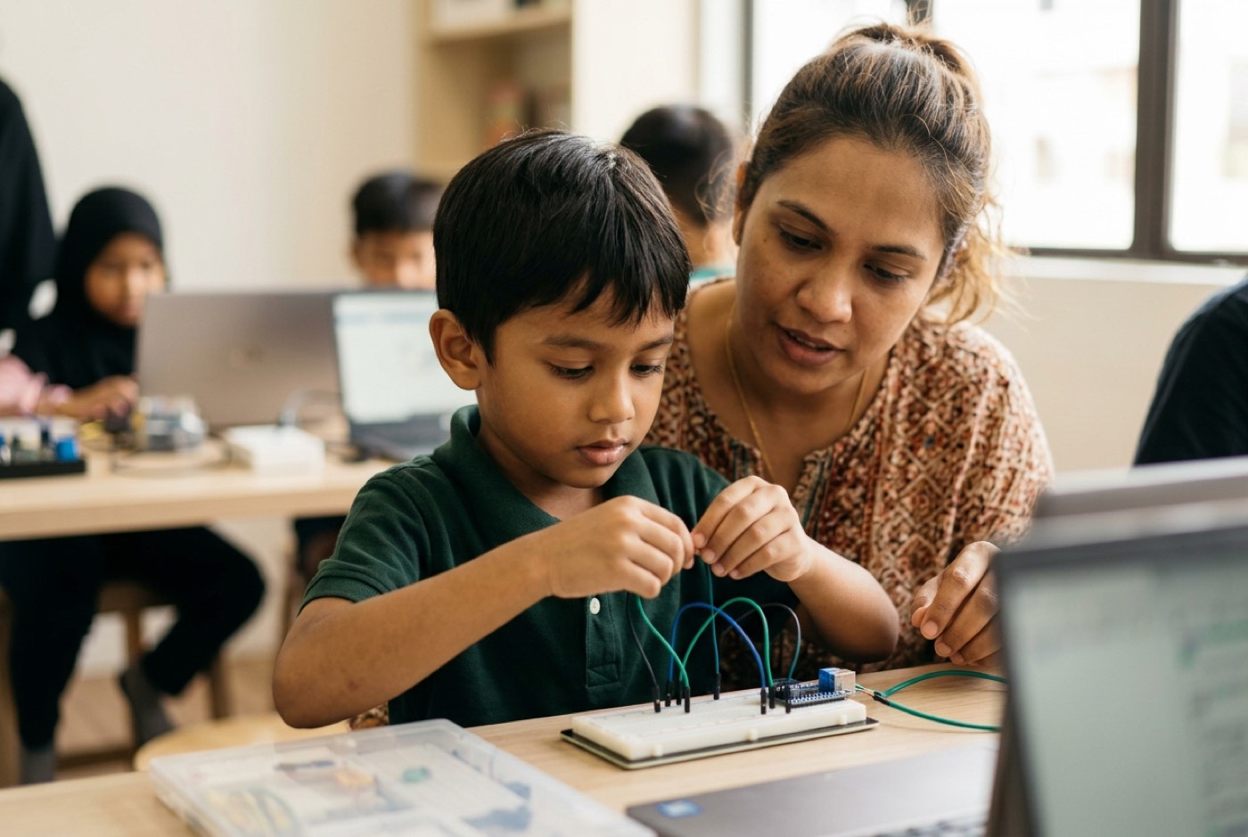 A young primary school student connecting color-coded wires to a small electronic circuit board while a parent watche...