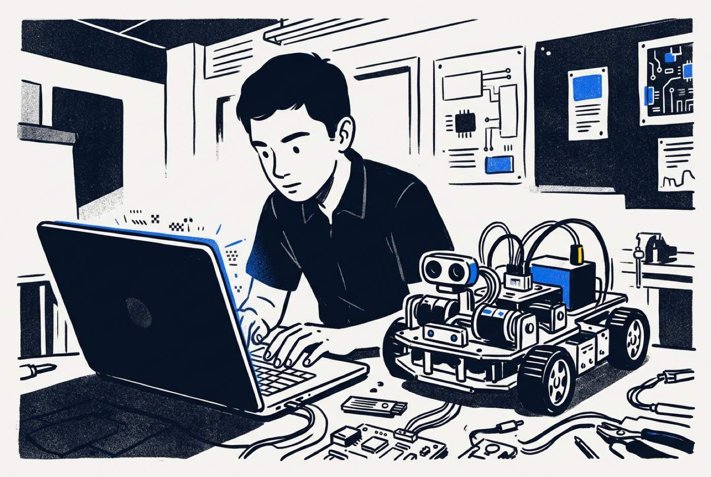 A high school student using a laptop to write Python code while monitoring a custom autonomous robotic chassis on a w...