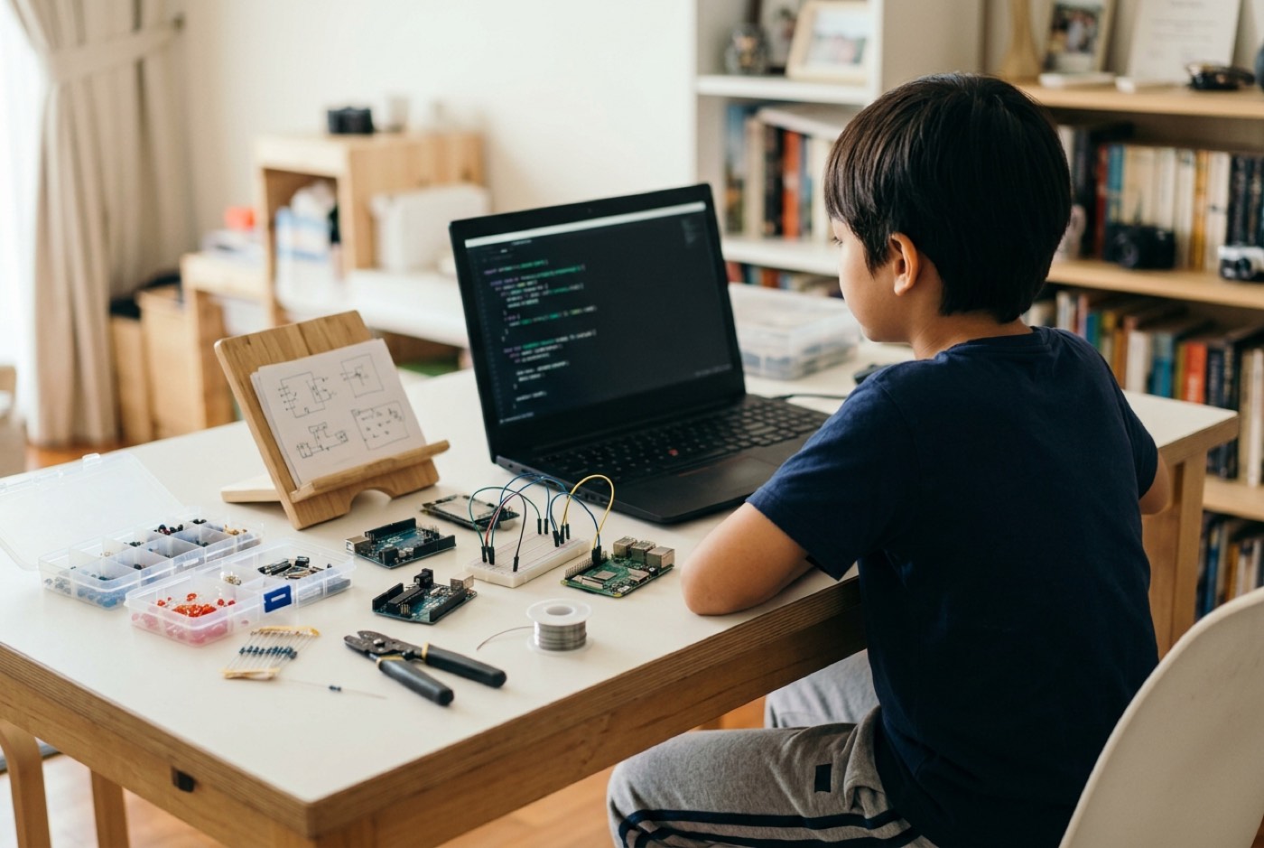A structured home student workspace featuring a computer screen showing code alongside organized electronic component...