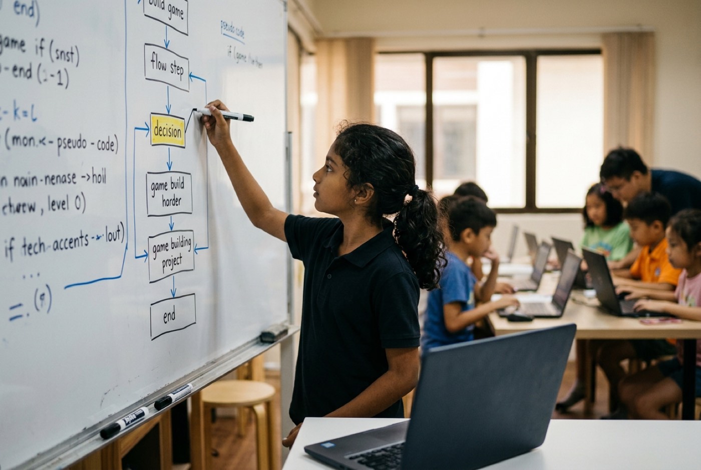 A child separating a complex game building project into small logical steps on a whiteboard alongside code