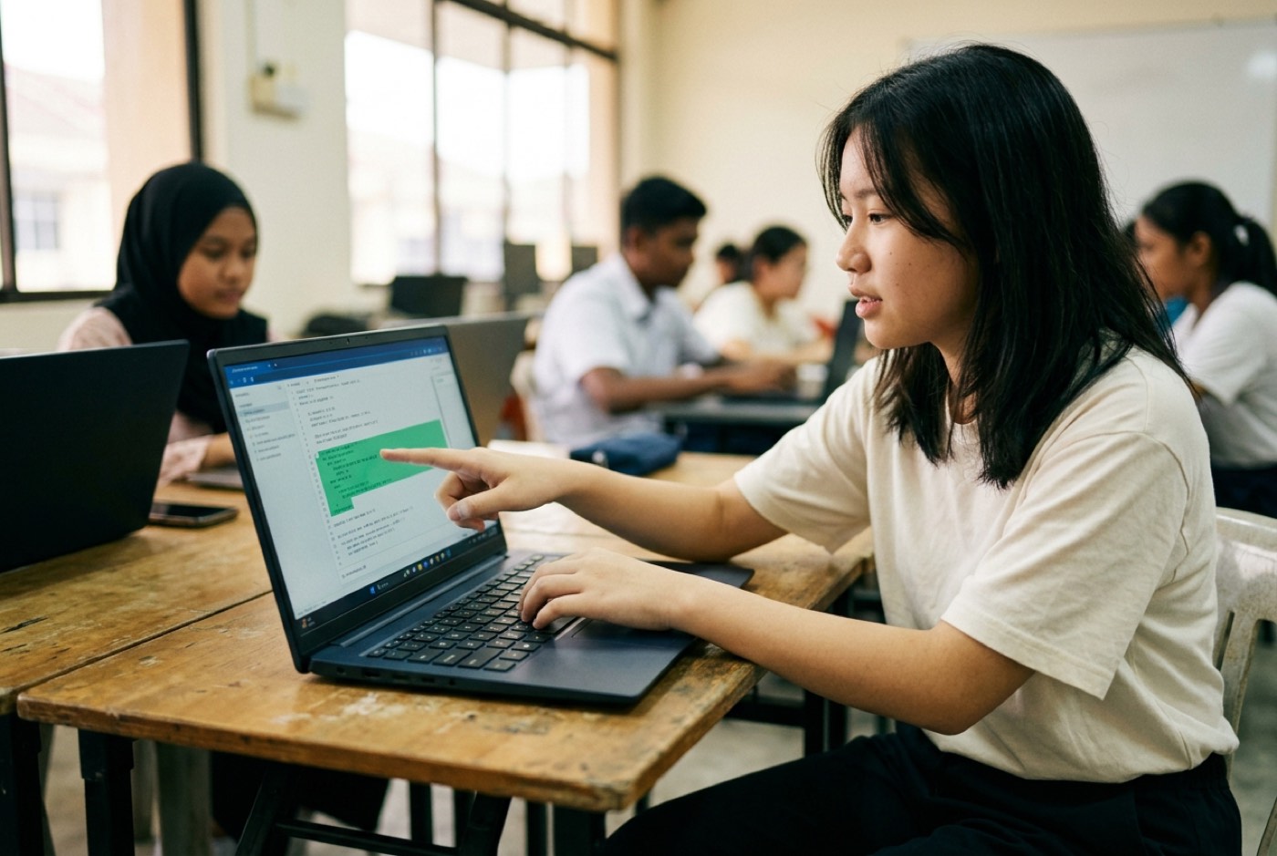 A secondary student guiding an AI assistant to refine Python algorithms on a laptop