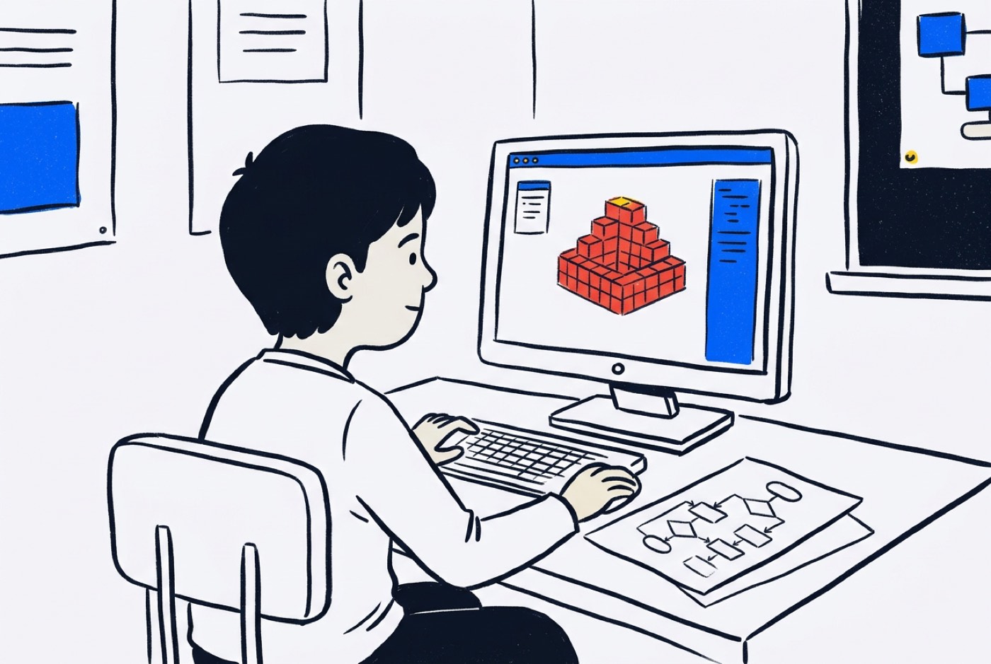 A child building a complex digital redstone structure on a computer monitor while comparing it to a flowchart diagram...