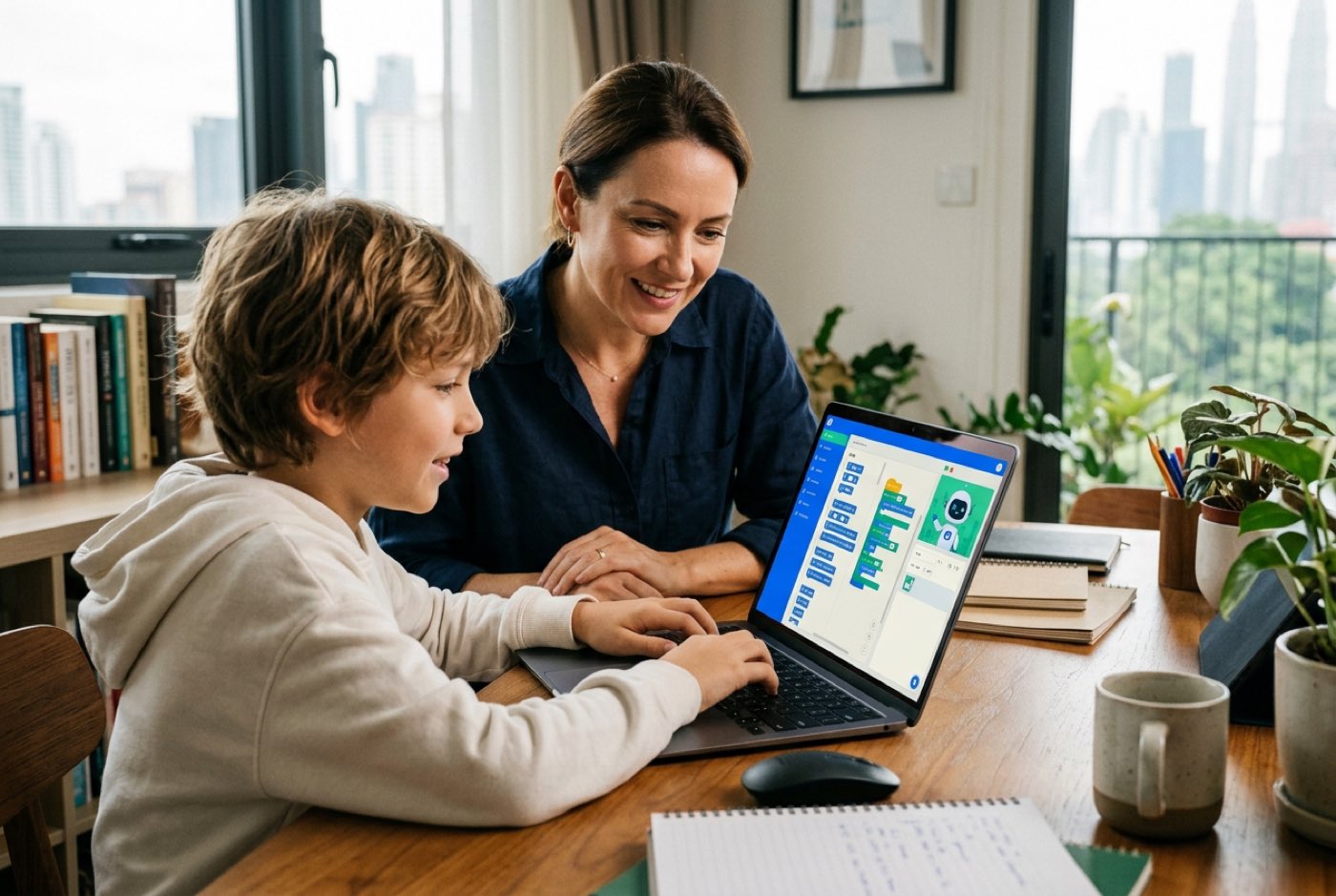 A parent and child sitting side by side at a modern home desk looking at an interactive AI tutor interface assisting ...