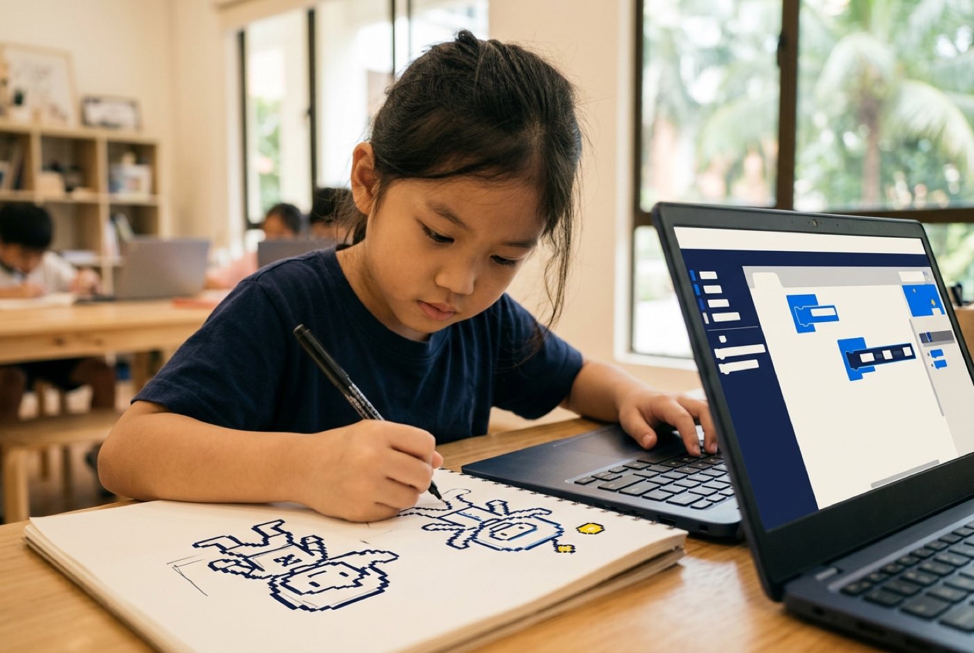 A young primary school student drawing game character sketches on paper next to a open laptop running a visual code e...