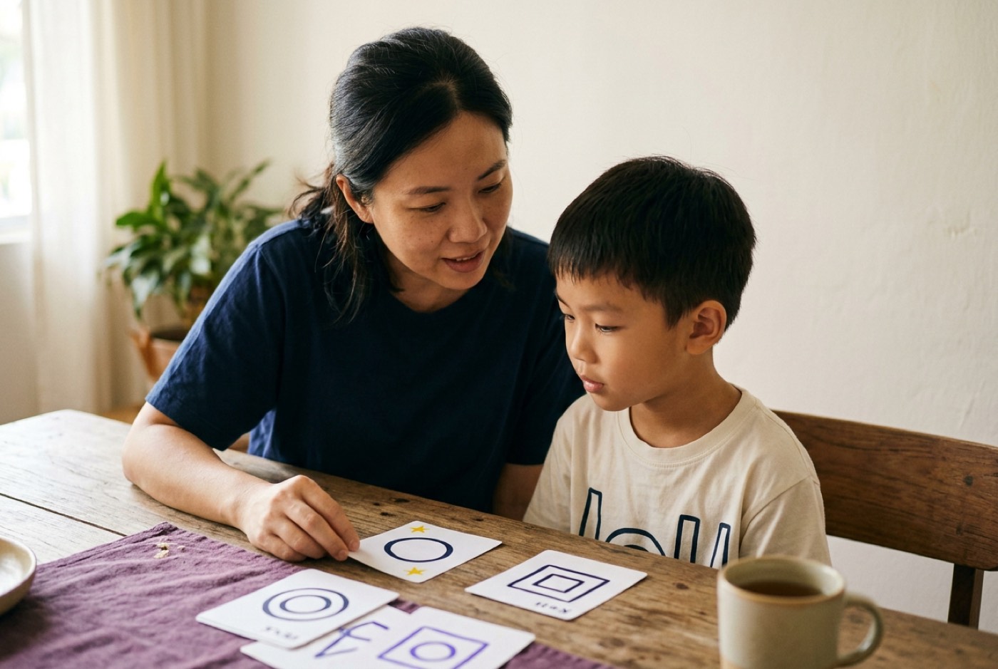 A young parent explaining a simple paper pattern card game to a seven year old child at a wooden dining table, natura...