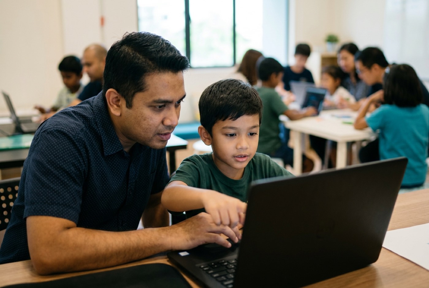A child pointing at a laptop screen alongside a parent, analyzing the layout and mechanics of a custom web applicatio...
