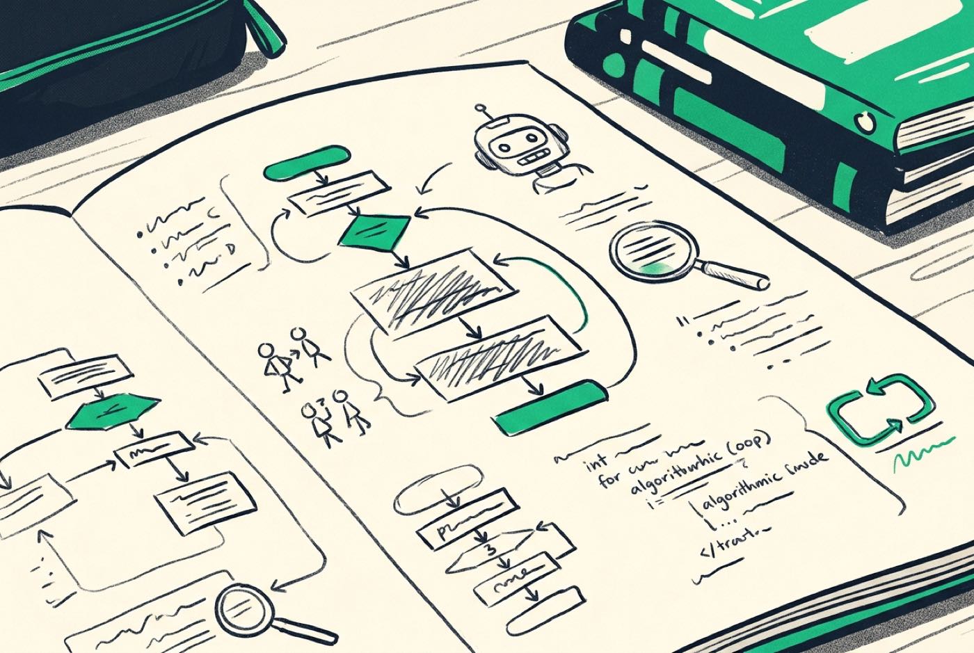 A close-up illustration of a student's project planning notebook with flowcharts, bug fixes, and iteration notes draw...