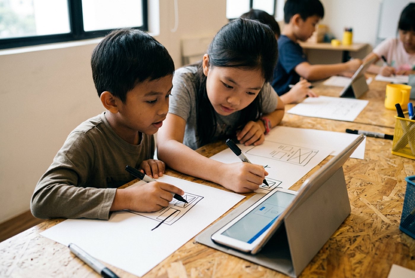 A young boy and girl sitting together at a wooden table sketching user interface screens on paper while looking at an...