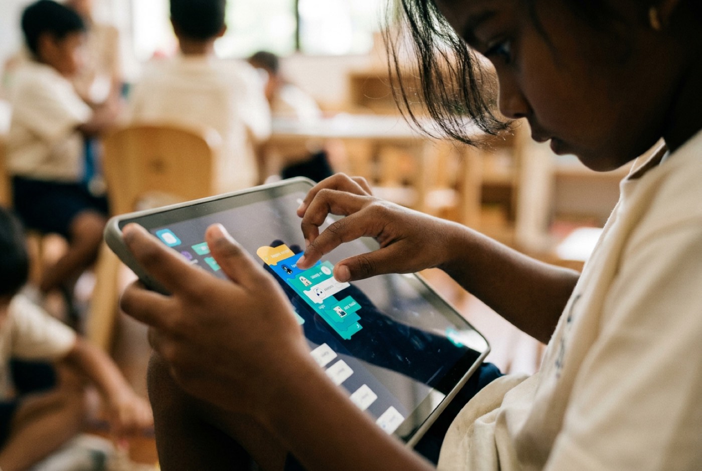A close-up view of a child's hands configuring visual coding blocks on a tablet screen, showing color-coded event logic