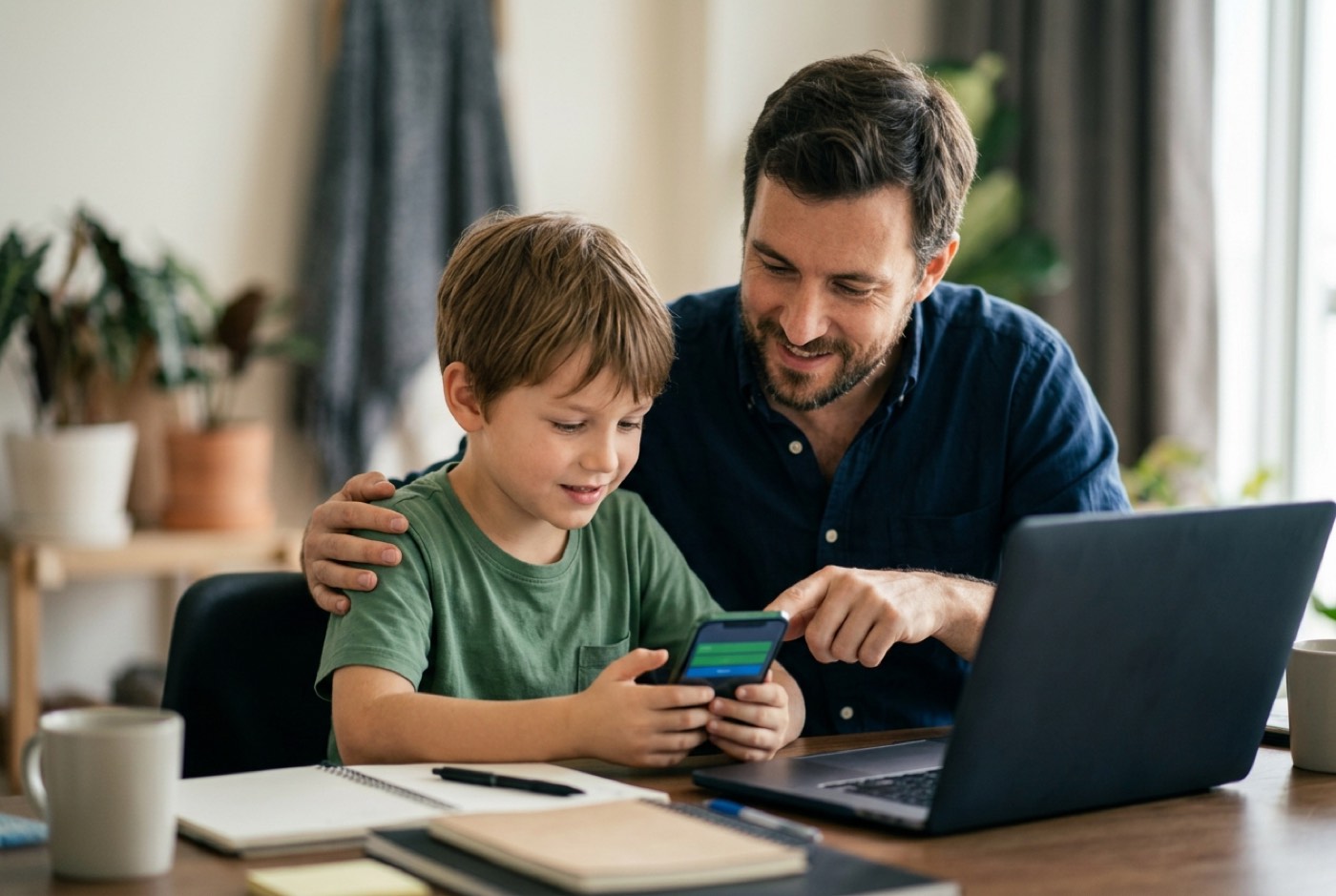 A parent and child sitting side-by-side at a home desk testing an app running live on a mobile phone