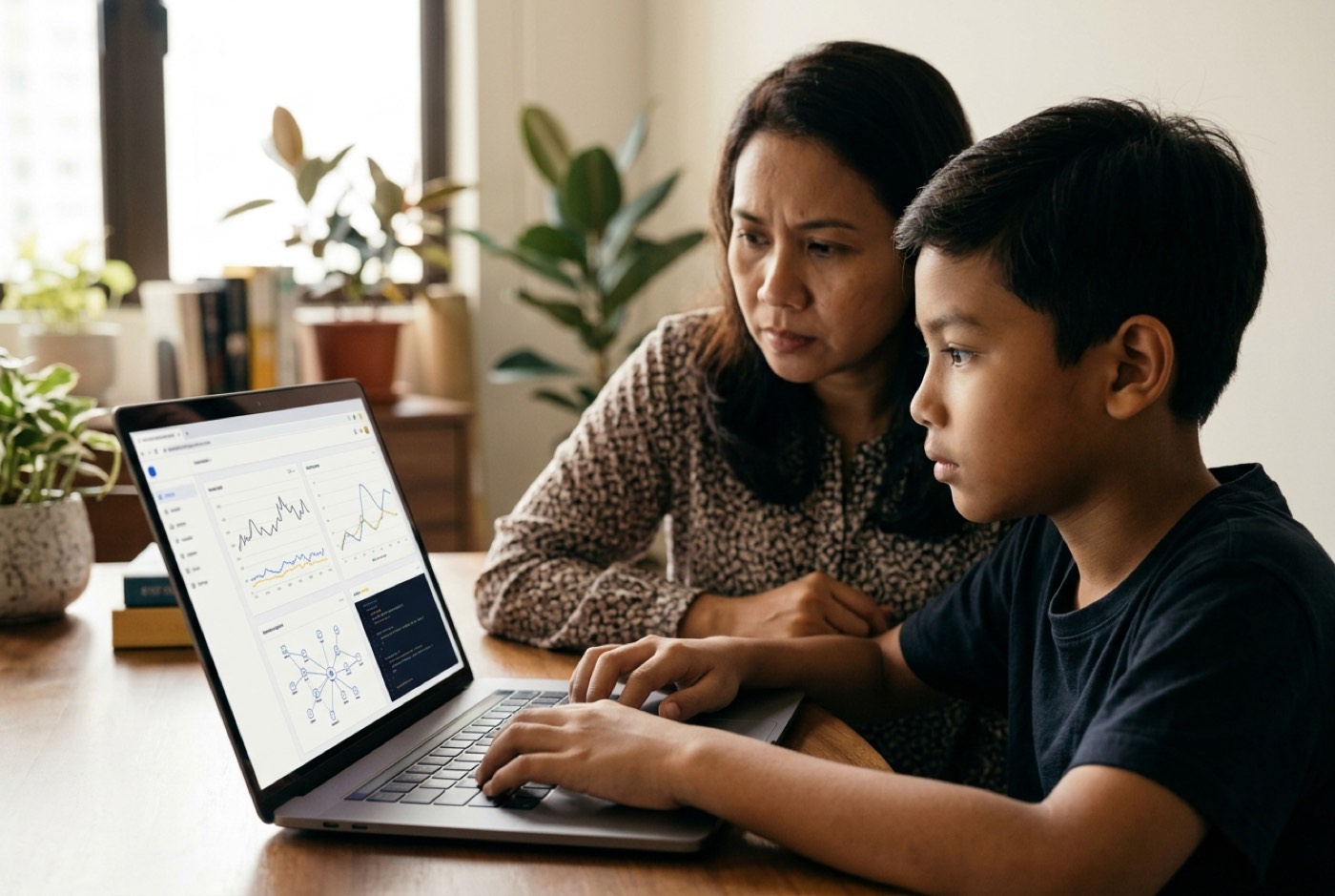 A concerned parent sitting beside a middle school student looking at a computer screen showing line graphs and networ...
