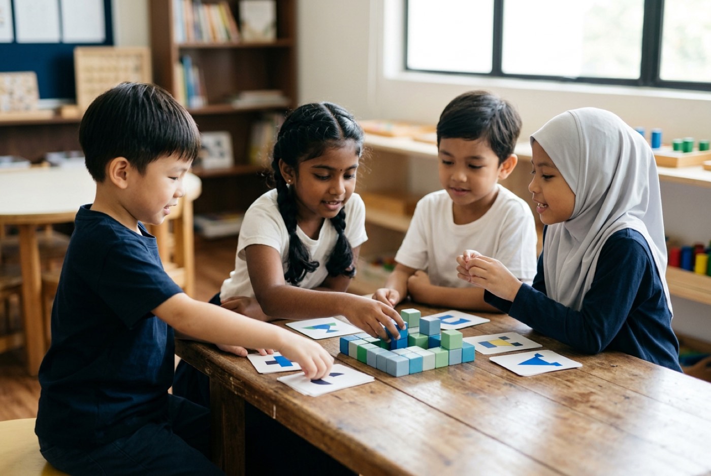 Four young children around a wooden table playing a physical game with plastic blocks and paper cards, collaborating ...