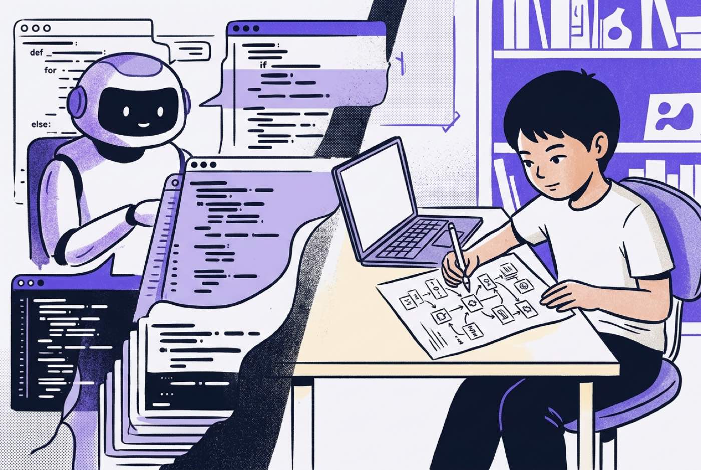 A split view showing an AI assistant rapidly generating Python boilerplate on one side, while a young developer evalu...
