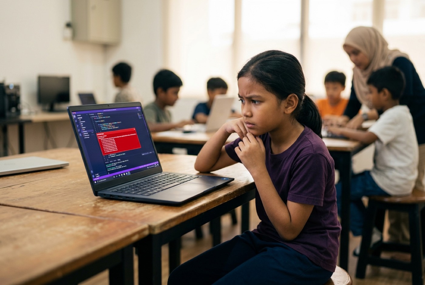 A child staring at a laptop screen showing an error message, trying to figure out why an AI-generated script fails to...