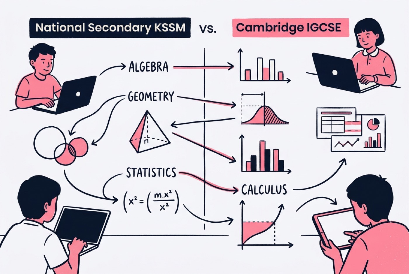 A comparison diagram illustrating how mathematical topics map between national secondary KSSM and Cambridge IGCSE fra...