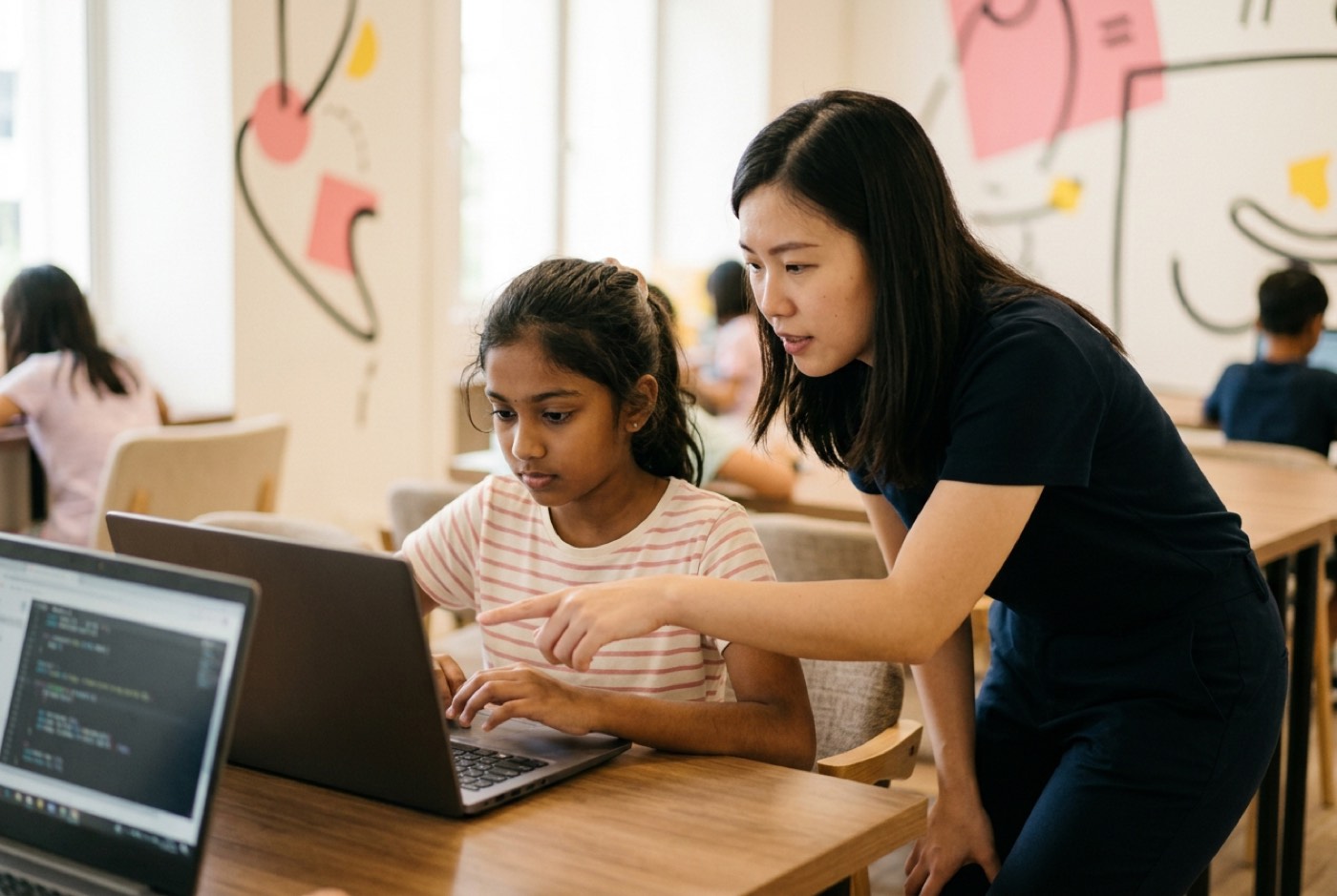 A student working on a laptop at a bright Kidocode learning studio with a trainer offering guidance