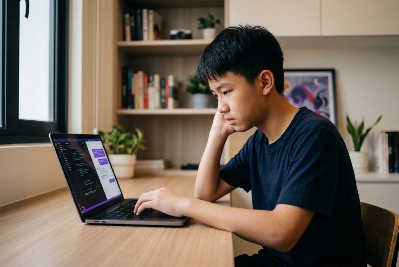 A quiet, modern room where a Malaysian teenager sits at a clean desk using a laptop with code on screen alongside an ...