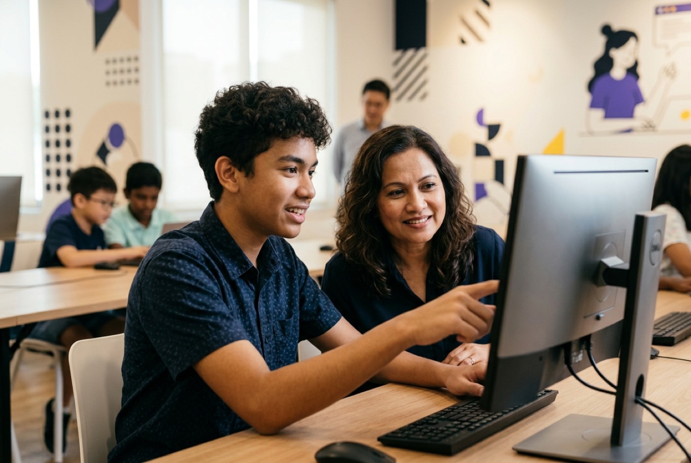 A high school teenager demonstrating a functional web application on a monitor to their parent in a bright modern lea...
