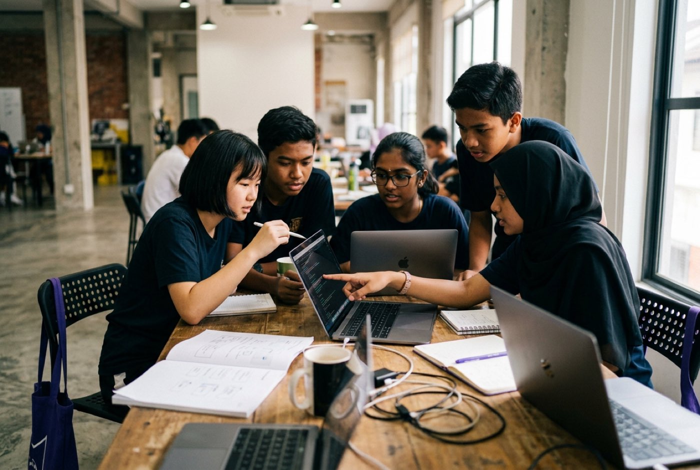 A group of secondary school teenagers collaborating around a table with laptops during an interactive tech workshop a...