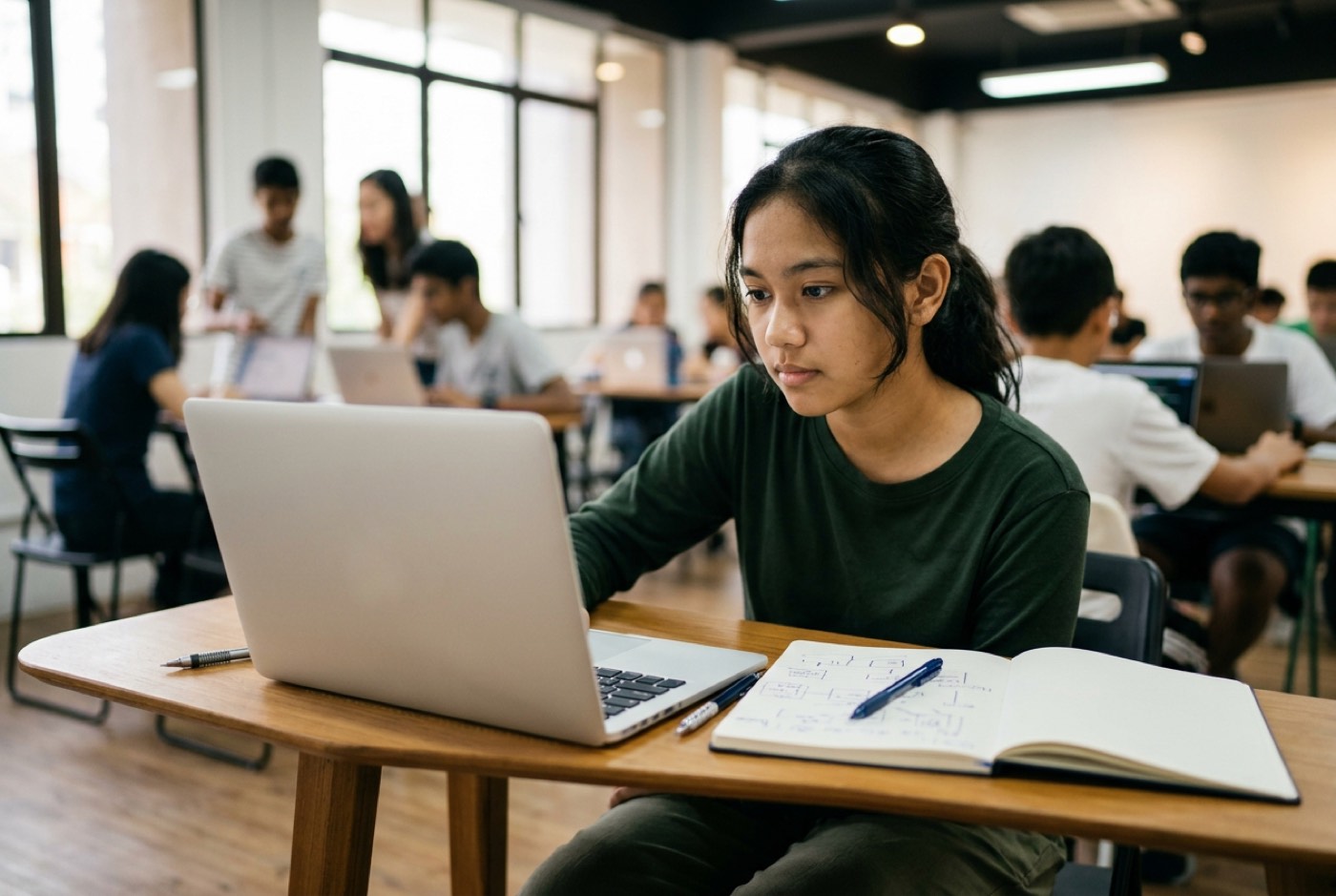 A teenager sitting at a desk with a laptop and paper notebook, analyzing a clear diagram of website architecture and ...