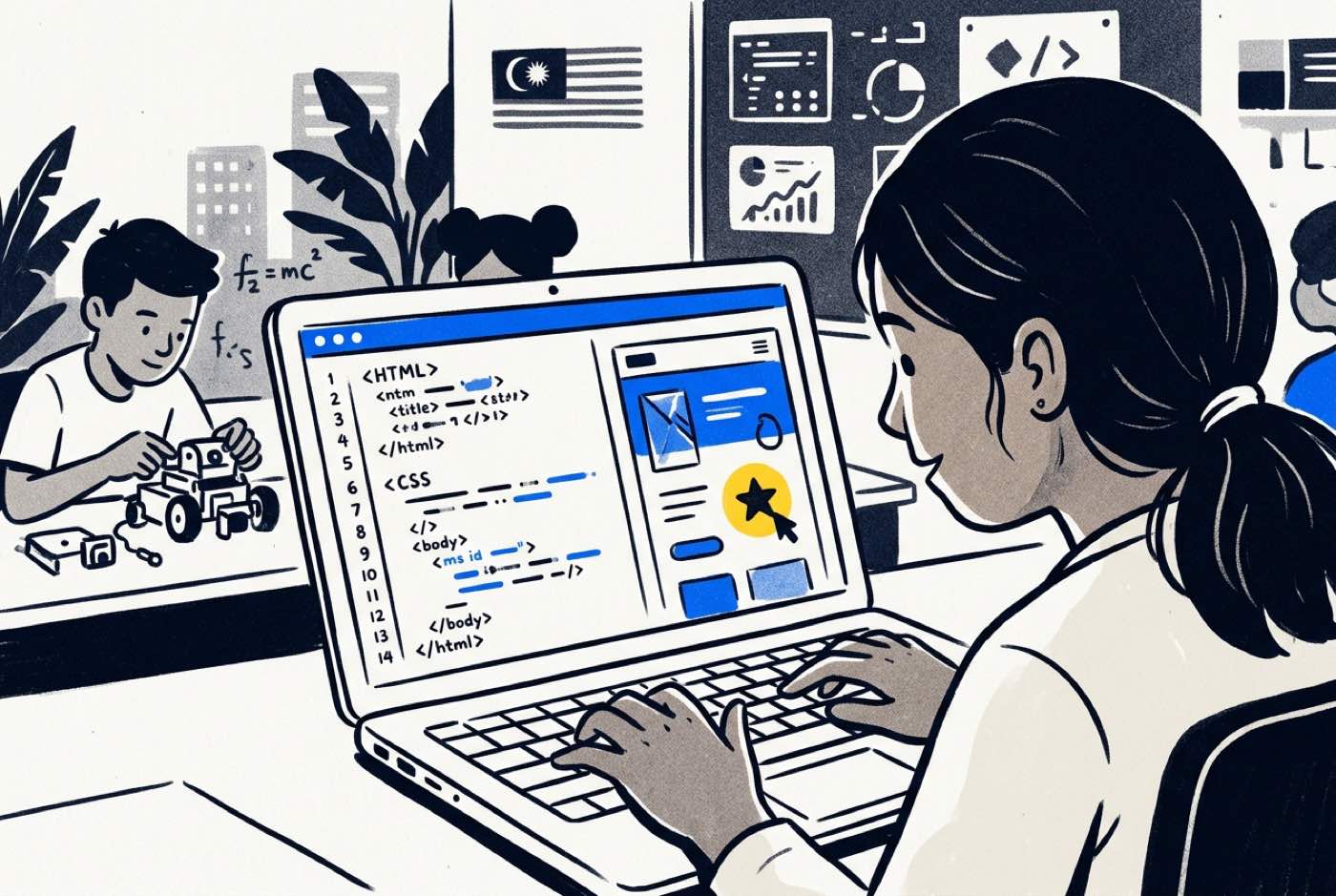 A young student writing HTML and CSS code on a laptop screen, with a preview of an interactive website updating along...