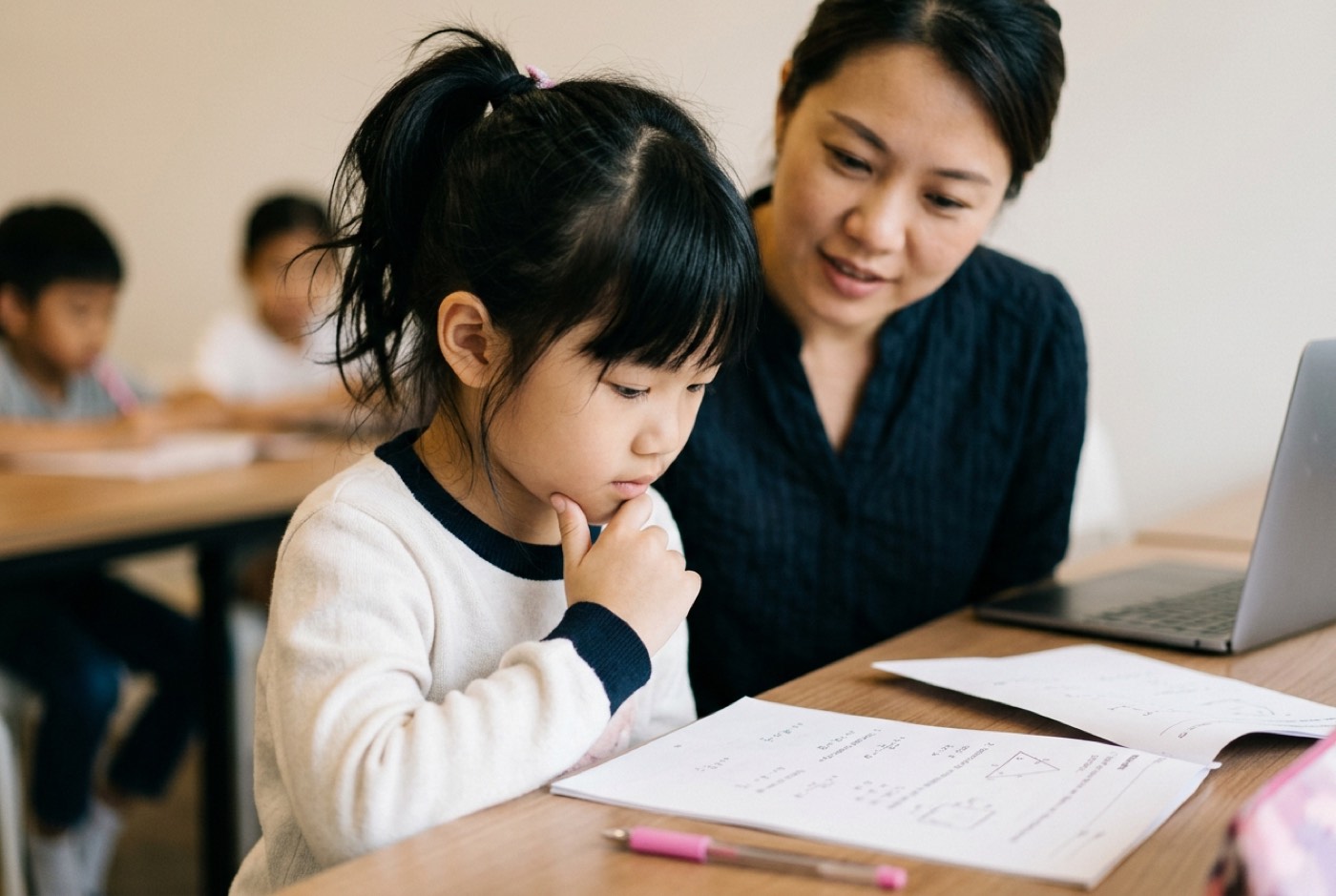 A child looking at a school math worksheet with printed equations, looking thoughtful while a parent observes gently