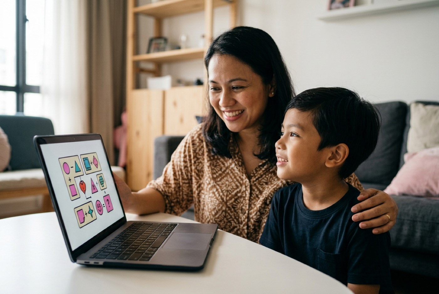 A mother and son looking at a laptop showing a visual math puzzle, smiling together during a home learning session